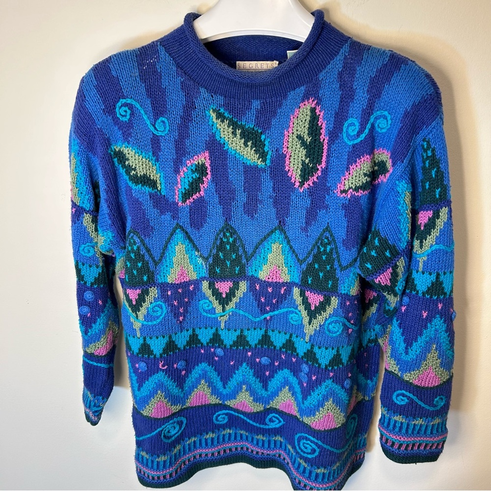 Vintage Segrets Sun Prints hand knit tunic length long sleeve sweater women’s Lg